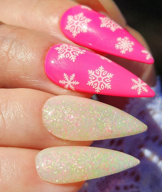 Santas List is a milky white with red and green glitters